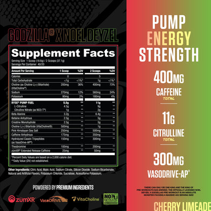 RYSE Godzilla X Noel Deyzel Pre Workout Powder - Monsterberry Lime - 400mg Caffeine, High Stim Pre-Workout for Men & Women with Citrulline & Beta Alanine - Energy, Pump & Focus - 20/40 Servings