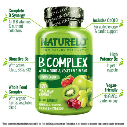 NATURELO Vitamin B Complex,120 Capsules, Vegan, CoQ10, Methyl Folate, Biotin, Fruit & Veg Blend, Supports Energy and Healthy Stress Response NATURELO