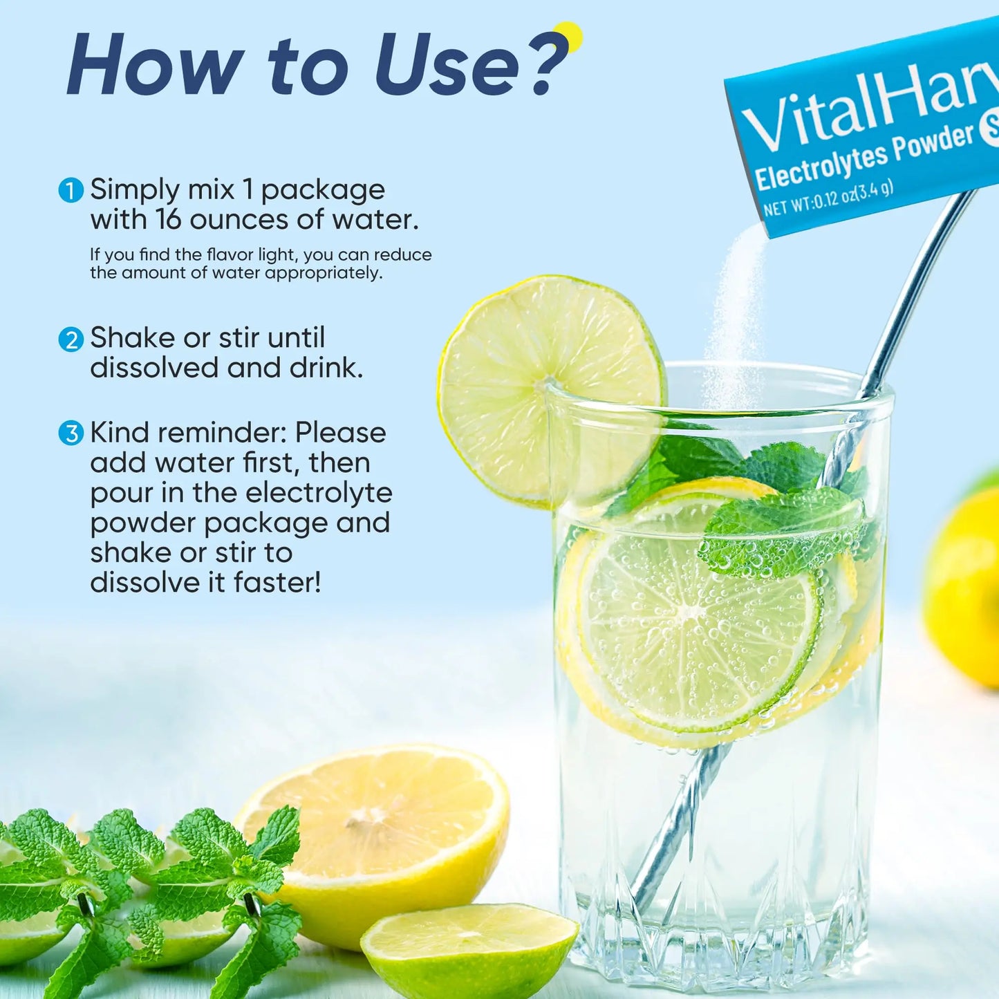 VitalHarvest 36 Sticks Electrolytes Powder Packets 6 Flavors Sugar Free Hydration Packets Electrolyte Liquid Daily IV Drink Mix with Lemon Lime, Watermelon, Orange VitalHarvest