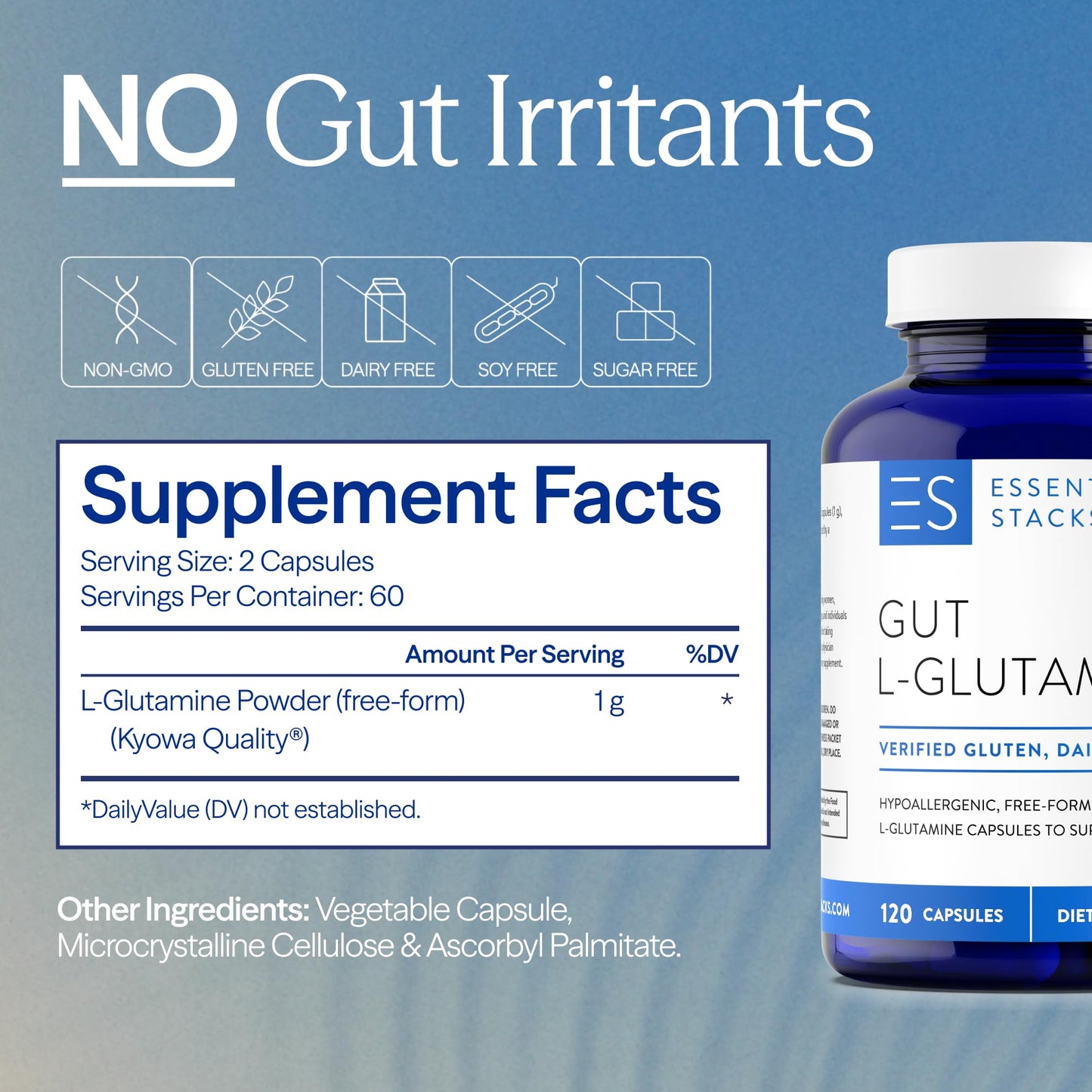 Essential Stacks Gut L-Glutamine Capsules 1000mg (Made in USA) - Gluten, Dairy & Soy Free, Non-GMO L Glutamine for Gut Health - 60 Serves (120 Caps) Essential Stacks