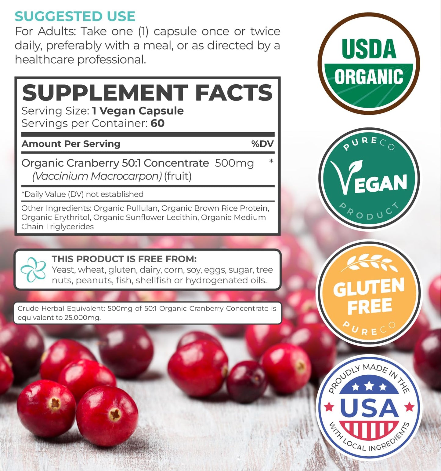 Organic Cranberry Pills - Vegan Supplement for Urinary Tract Health & Kidney Cleanse - Cranberry Pills for Women 500mg 50:1 Cranberry Concentrate Per Serving PURE CO