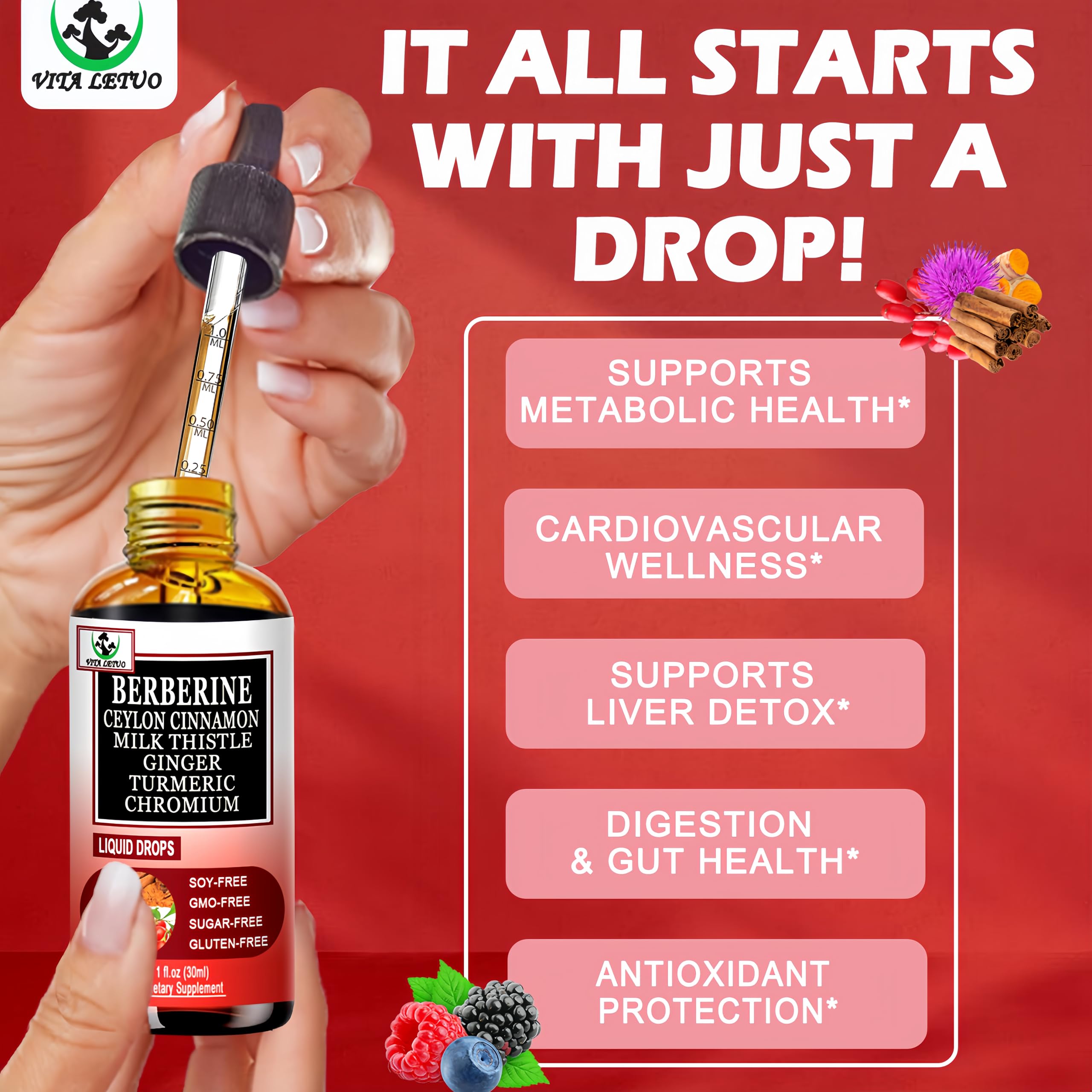 Berberine Drops, High Absorption 6-in-1 Liquid Berberine Supplement with Ceylon Cinnamon Milk Thistle Turmeric, Premium Berberine HCl for Immune Function Metabolic & Digestive Support, 30 Servings Vita letuo buy australia supplements