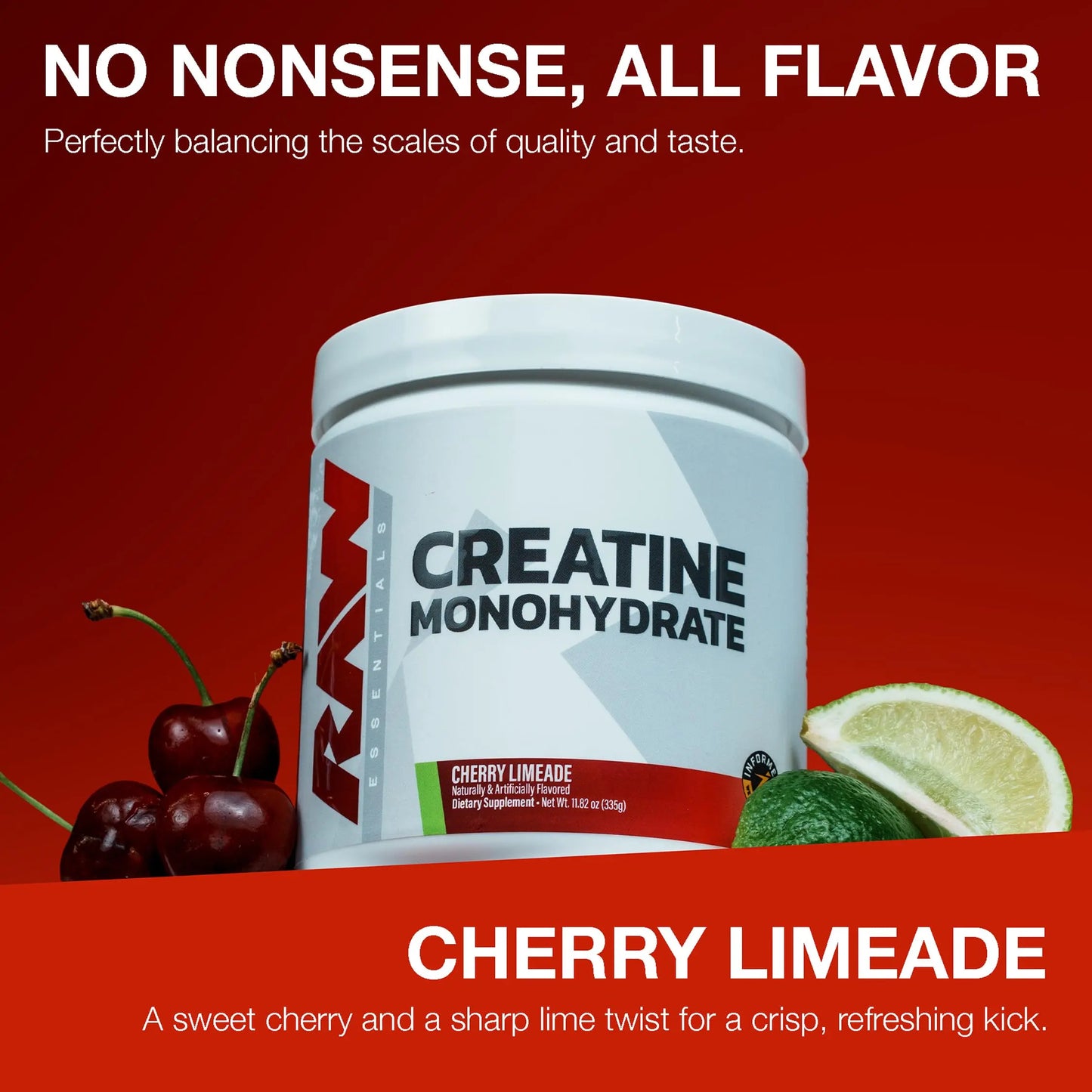 RAW Nutrition Creatine Monohydrate Powder, Cherry Limeade (30 Servings) - Micronized Creatine Monohydrate Supplement for Workout Performance, Build Muscle & Strength RAW