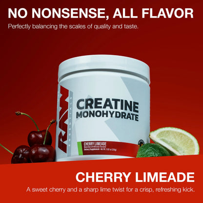 RAW Nutrition Creatine Monohydrate Powder, Cherry Limeade (30 Servings) - Micronized Creatine Monohydrate Supplement for Workout Performance, Build Muscle & Strength RAW