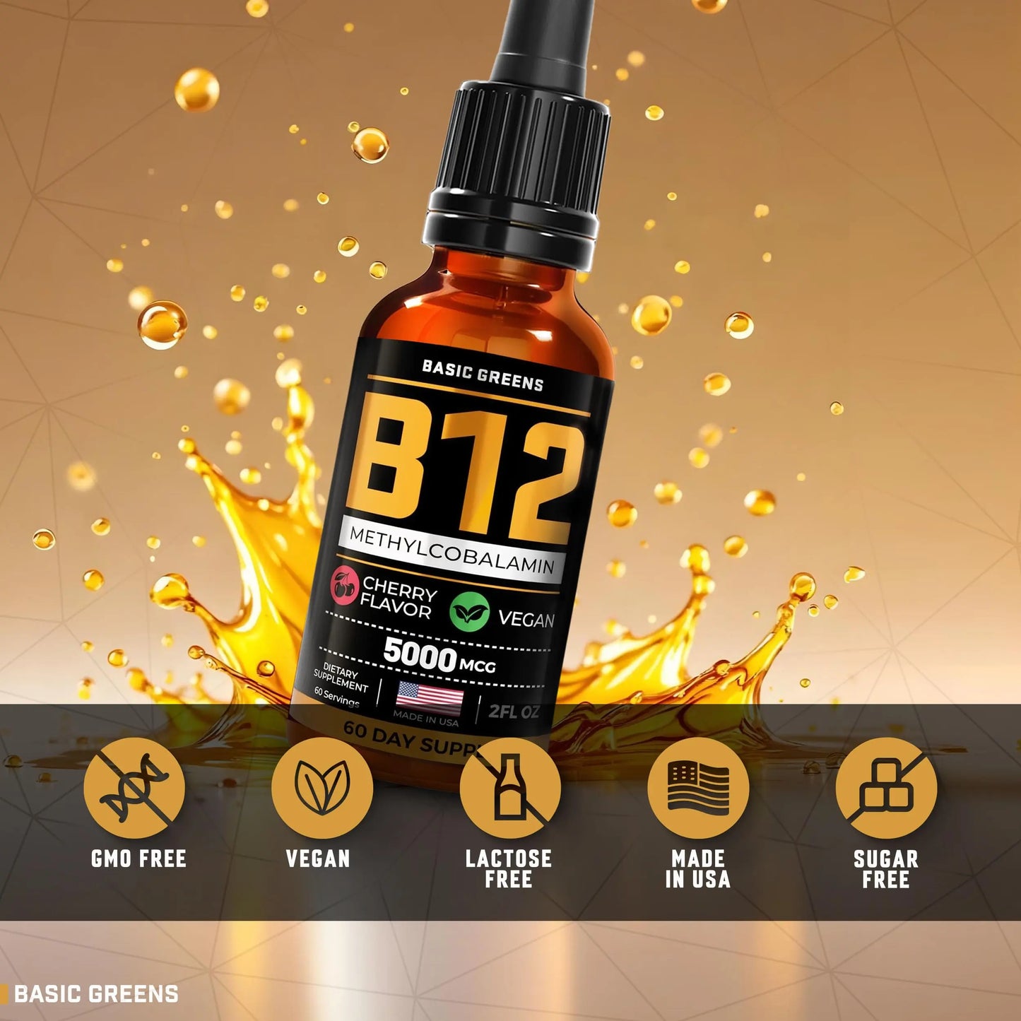 Vitamin B12 Sublingual Liquid Drops 5000 mcg – Vegan Methyl B-12 Supplement for Energy & Focus – B 12 Vitamin for Women & Men BASIC GREENS