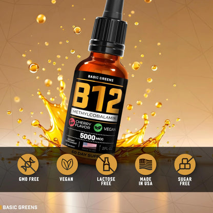 Vitamin B12 Sublingual Liquid Drops 5000 mcg – Vegan Methyl B-12 Supplement for Energy & Focus – B 12 Vitamin for Women & Men BASIC GREENS