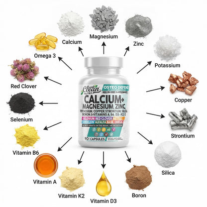 Allin1 Calcium Magnesium Zinc Supplement with Potassium, Copper, Strontium, Silica, Vitamin D3 K2, Boron, Vitamin B1 B12 Red Clover Herb Alfalfa Basil Pills for Men Clean Nutraceuticals