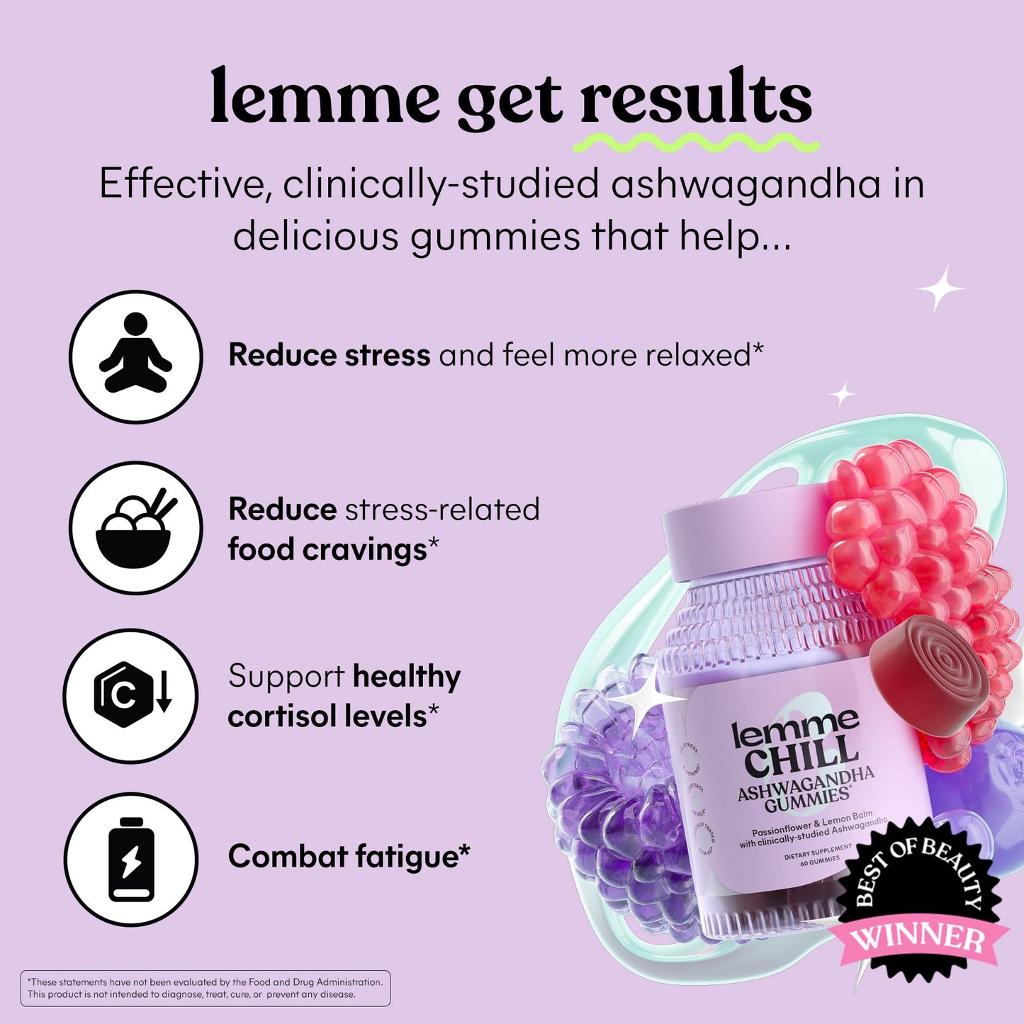 Lemme Chill Stress Relief Gummies with 300mg KSM-66 Ashwagandha, Lemon Balm, Passionflower & Goji to Support Relaxation, Healthy Cortisol & Sleep - Gluten-Free, Non-GMO, Mixed Berry (60 Count)
