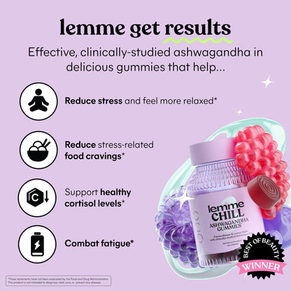 Lemme Chill Stress Relief Gummies with 300mg KSM-66 Ashwagandha, Lemon Balm, Passionflower & Goji to Support Relaxation, Healthy Cortisol & Sleep - Gluten-Free, Non-GMO, Mixed Berry (60 Count)