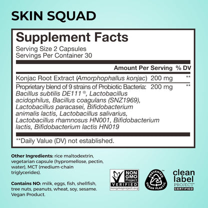 HUM Skin Squad Probiotics for Women and Men, Skin Care Supplement for Clear Complexion & Gut Health Support, Microbiome Prebiotic & Probiotic Supplement for Breakouts, Digestive Health, 60 Capsules