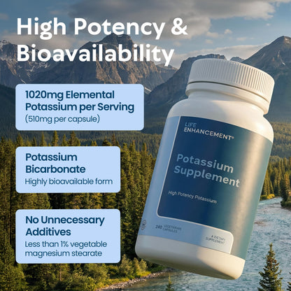 Life Enhancement High Potency 1020 mg Potassium Supplement for Muscle, Brain & Bone Health - No Additives High Absorption Elemental Potassium Supplement Life Enhancement