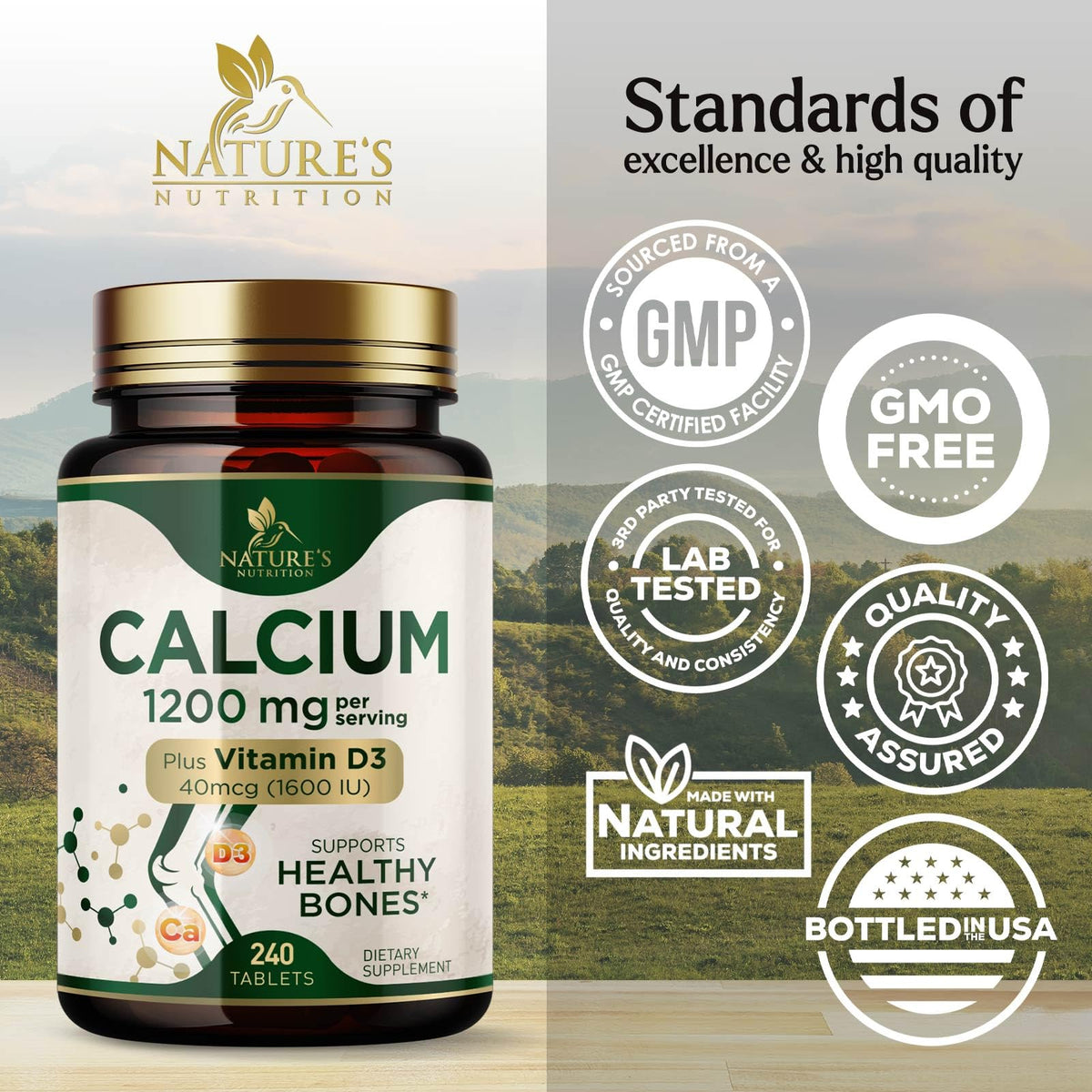 Calcium 1200 mg with Vitamin D3 - Per Serving - Bone Health Supplement - Vitamin D & Calcium Supplements for Women & Men - Bone Strength Support Nature's Nutrition