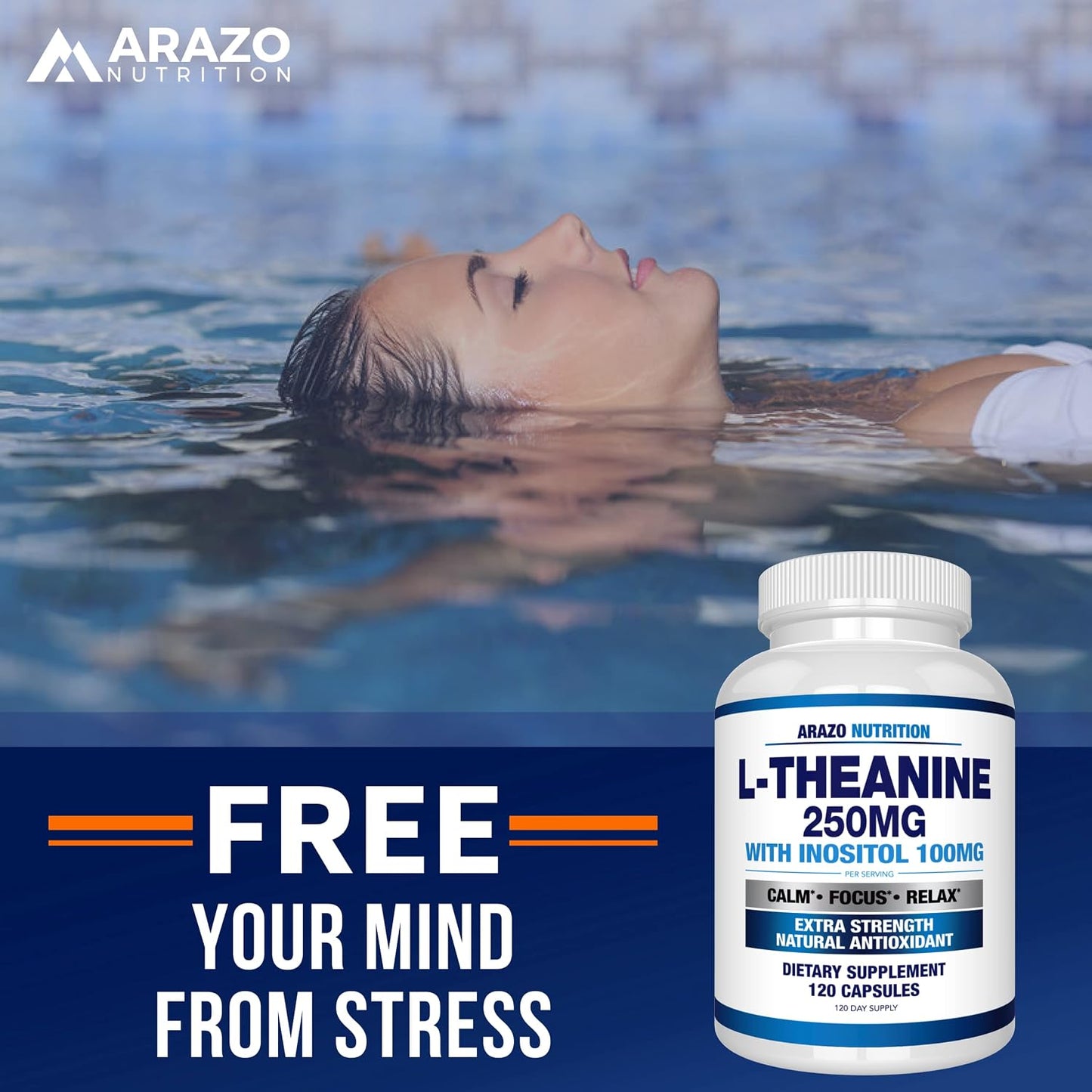 Arazo Nutrition L-Theanine 250mg (Extra Strength) with Inositol 100mg Per Serving, 120 Capsules Vegetarian Gsupps Australia