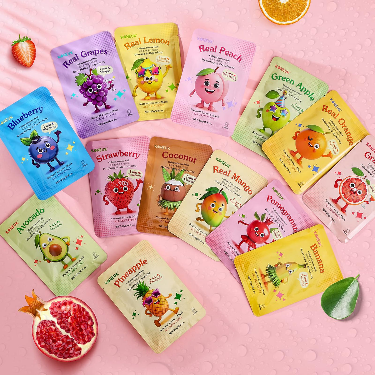 14 Pack Fruit Face Masks Skincare for Kids, Sheet Hydrating Facial Mask KONEUK
