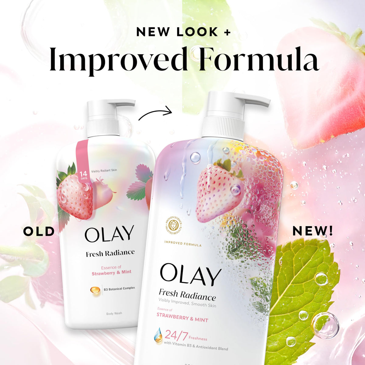Olay Body Wash for Women, Fresh Radiance, 24/7 Skin-Loving Freshness, Visibly Radiant, Plant Based Cleansers, Vitamin B3 & Antioxidant Blend, For All Skin Types, Strawberry & Mint Scent, 29 fl oz Olay