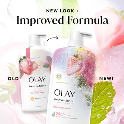 Olay Body Wash for Women, Fresh Radiance, 24/7 Skin-Loving Freshness, Visibly Radiant, Plant Based Cleansers, Vitamin B3 & Antioxidant Blend, For All Skin Types, Strawberry & Mint Scent, 29 fl oz Olay