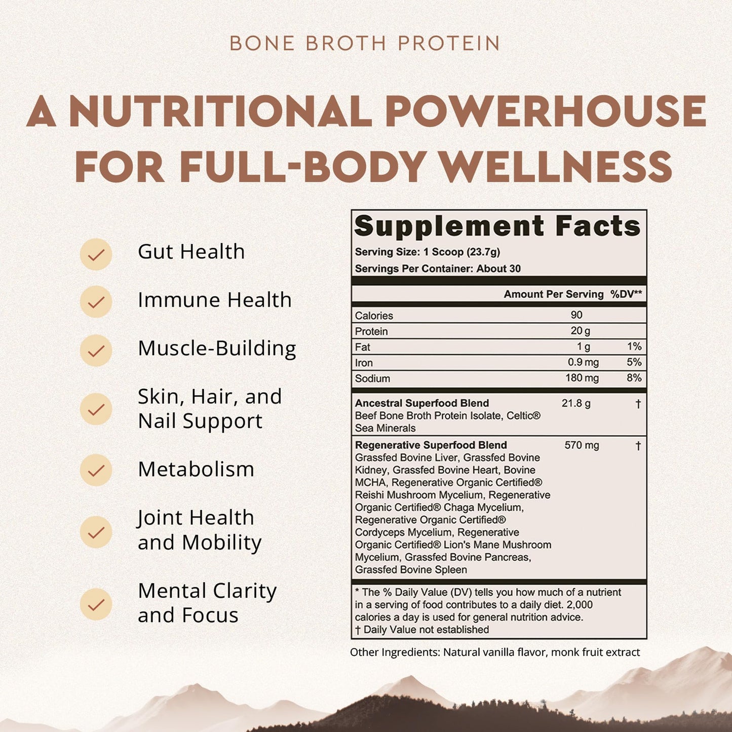 Ancestral Supplements Grass Fed Protein Powder, Chocolate, Beef Bone Broth Based w/Beef Organs & Organic Mushrooms, Gut Health Support, High Protein Supplement, 20g Protein Per Serving, 30 Day Supply