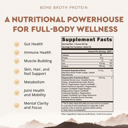 Ancestral Supplements Grass Fed Protein Powder, Chocolate, Beef Bone Broth Based w/Beef Organs & Organic Mushrooms, Gut Health Support, High Protein Supplement, 20g Protein Per Serving, 30 Day Supply