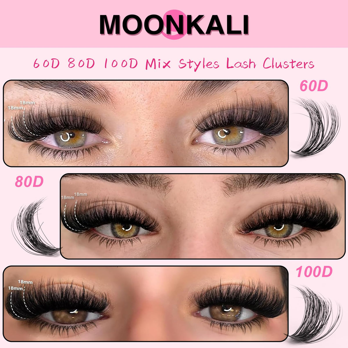 Lash Clusters 60D 80D 100D Mix Individual Lashes Clusters Luxury Versatile 3D Full Eyelash Clusters 12-18MM Thick Volume Cluster Eyelash Extensions Waterproof D Curly DIY Fake Mink Eyelashes Extension MOONKALI