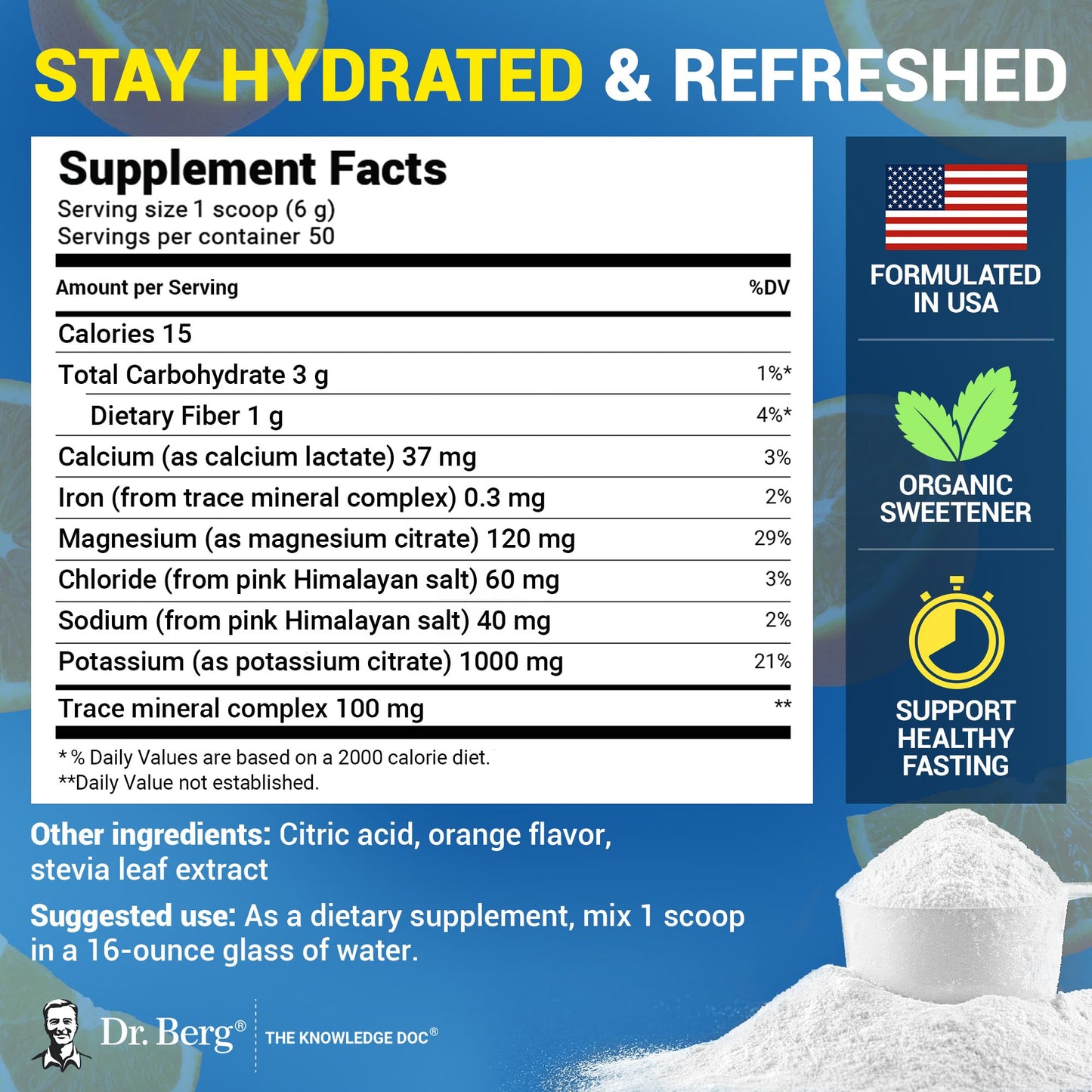 Dr. Berg Zero Sugar Hydration Keto Electrolyte Powder - Enhanced w/ 1000 mg of Potassium & Real Pink Himalayan Salt (NOT Table Salt) - Orange Flavor Hydration Drink Mix Supplement - 50 Servings Dr. Berg Nutritionals