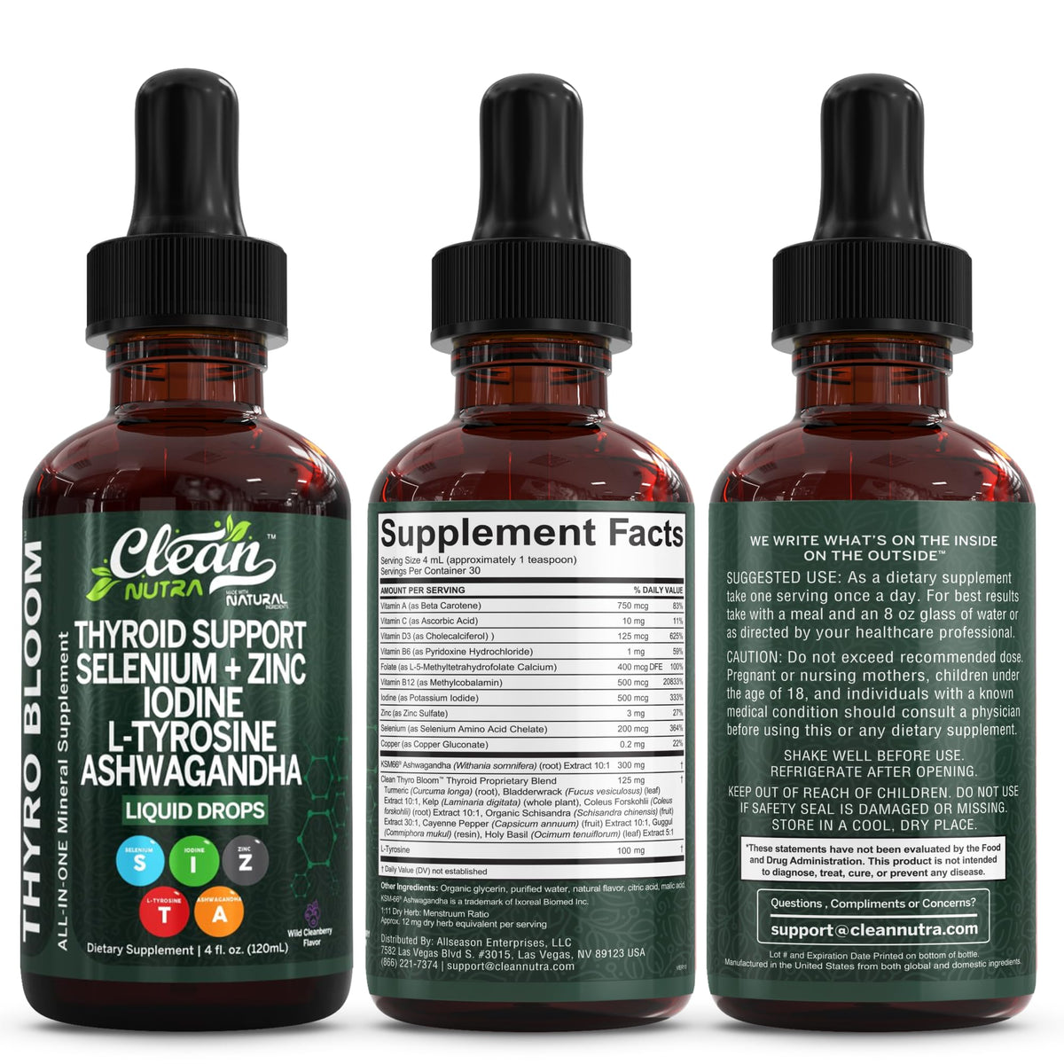 ThyroBloom Thyroid Support for Women Liquid Drops Iodine L-Tyrosine Selenium Copper Ashwagandha Zinc Kelp Bladderwrack Schisandra Guggul Turmeric Vitamin A D3 B12 Clean Nutraceuticals
