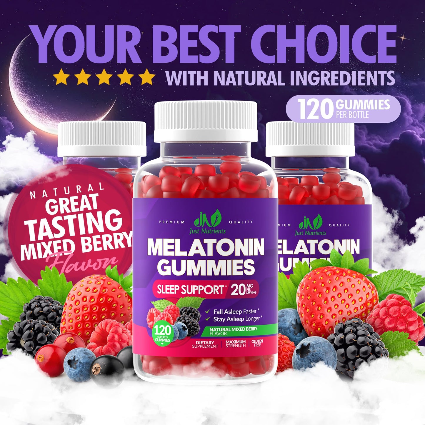 Melatonin 20mg Gummies (120 Count) - Maximum Strength Sleep Support for Adults with 10mg of Melatonin Per Gummy - Gluten-Free, Non-GMO, Vegetarian Just Nutrients