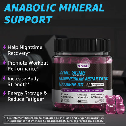 Zinc and Magnesium Supplement, Zinc Magnesium Aspartate Post Workout Gummies for Men Women, with Vitamin B6, B12, D3, Turmeric for Nighttime Recovery, Reduce Fatigue NEVISS