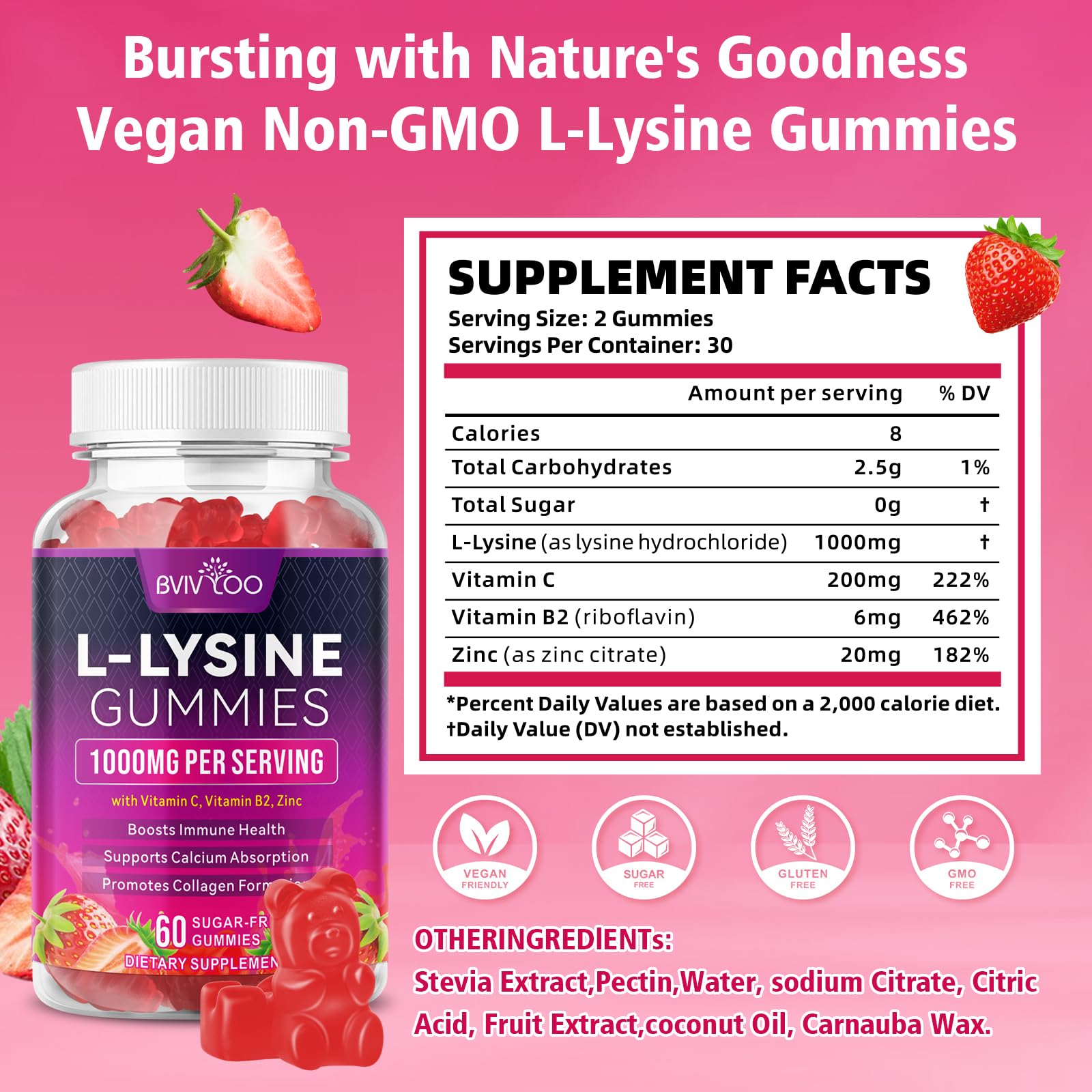 BVIVLOO L-Lysine 1000mg Gummies for Immune Support & Skin Health - High Potency Vegan Gummies, Sugar-Free, Natural Berry Flavor, Gluten-Free Chewable Supplement BVIVLOO buy australia supplements