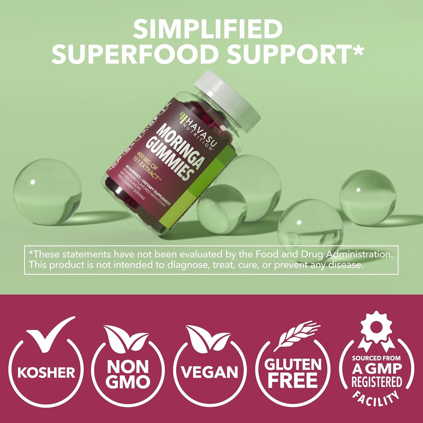 Moringa Gummies 400mg Per Serving, Green Superfood Supplement, 60 Count | Moringa Leaf Extract for Immune Support, Multivitamin Moringa Supplement, 60 Count, Vegan, Non-GMO, Gluten Free, 30 Servings Gsupps Australia