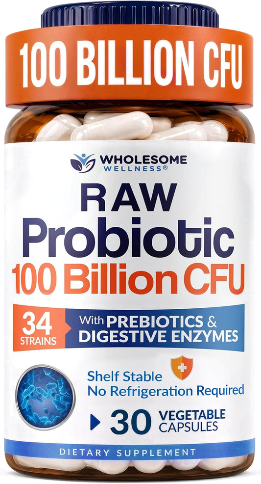 Wholesome Wellness Organic Raw Probiotics 100 Billion CFU, Dr Formulated for Women and Men, Complete Adult Supplement with Prebiotics and Digestive Enzymes; 30 Capsules, Shelf Stable Gsupps Australia