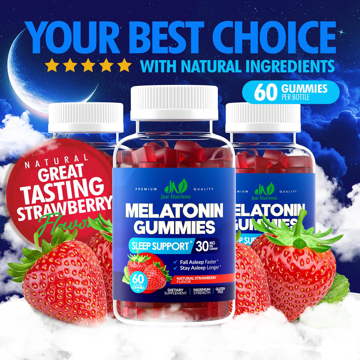 Melatonin 30mg Gummies for Adults (60 Servings) - Maximum Strength Sleep Support with 30mg of Melatonin Per Gummy - Gluten-Free, Sugar-Free, Non-GMO, 100% Vegetarian, Just Nutrients