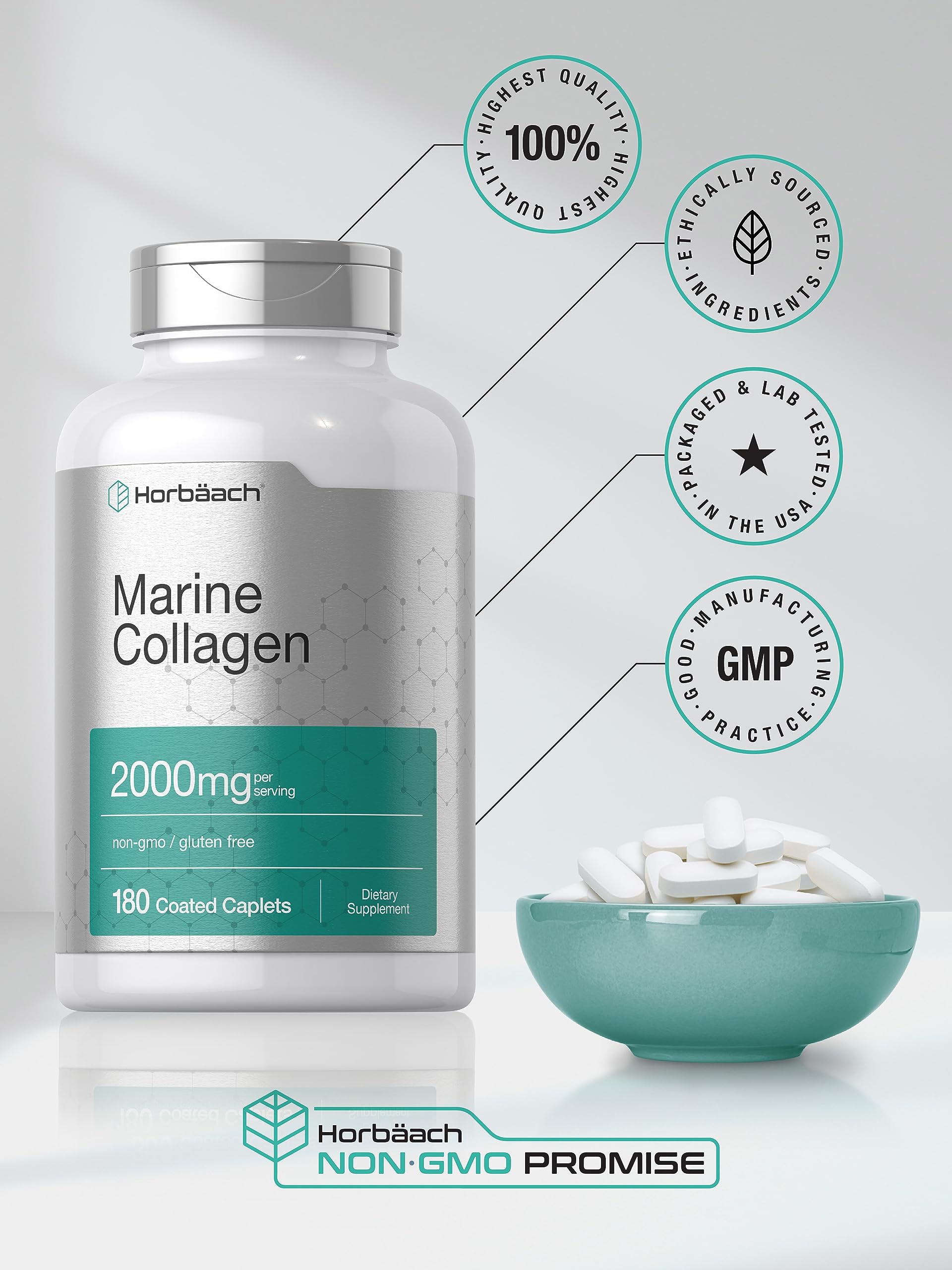 Horbäach Marine Collagen Peptides 2000mg | 180 Caplet Capsules | Type 1 with Calcium | Non-GMO, Gluten Free Supplement Horbäach buy australia supplements