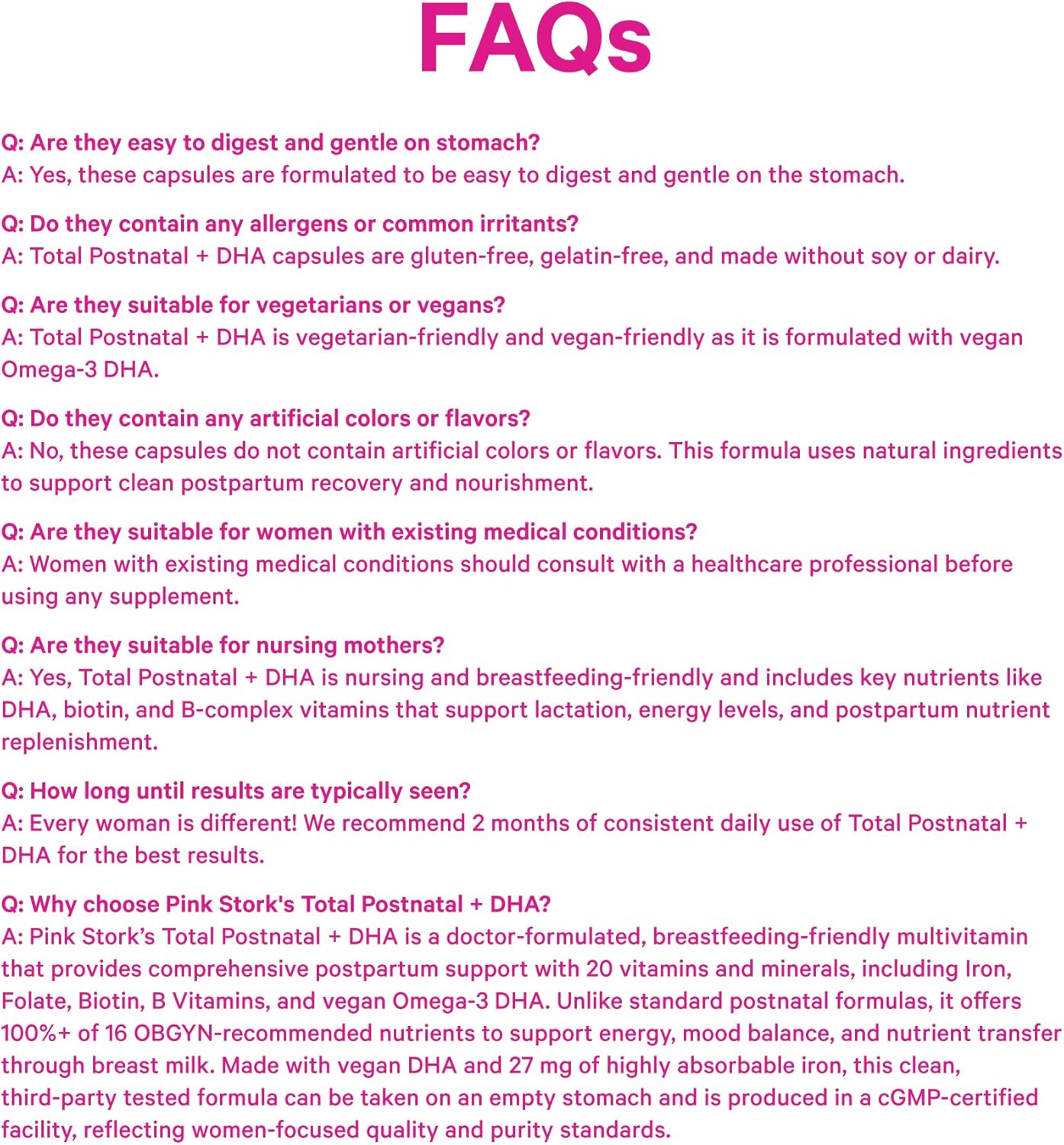 Pink Stork Total Postnatal Vitamins for Women, 60 Capsules, Mint | Vegan Algae DHA, Methylated Folate, Iron & B12, Postpartum Recovery & Lactation Support, Clean Label Award Winner, 1 Month