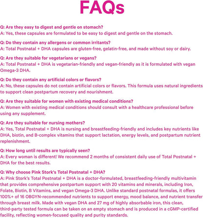 Pink Stork Total Postnatal Vitamins for Women, 60 Capsules, Mint | Vegan Algae DHA, Methylated Folate, Iron & B12, Postpartum Recovery & Lactation Support, Clean Label Award Winner, 1 Month