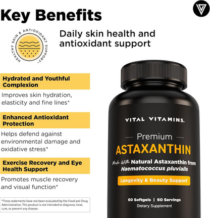 Vital Vitamins Astaxanthin 12mg Softgels for Skin Hydration & Elasticity | Natural Astaxanthin from Microalgae, Antioxidant Protection for Skin, Eyes & Exercise Recovery, Vegan, 60 Softgels Gsupps Australia