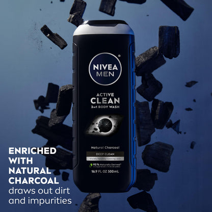 NIVEA MEN Active Clean 3-in-1 Body Wash, Mulitpack, 3 x 16.9 FL OZ NIVEA MEN