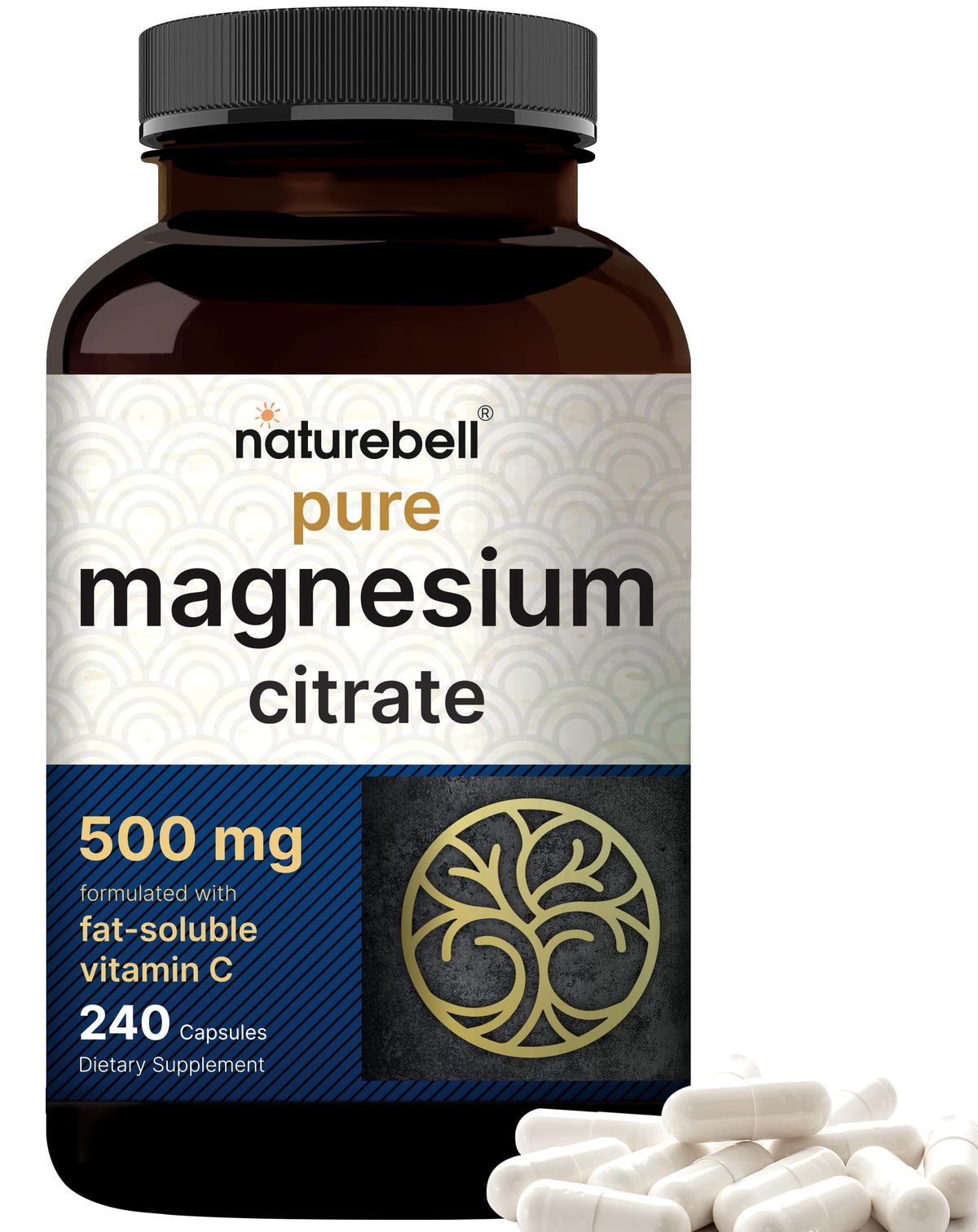NatureBell Pure Magnesium Citrate 500mg per 3 Capsules Serving Size, 240 Capsules per Bottle NatureBell