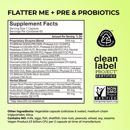 HUM Flatter Me Extra Strength Digestive Enzymes for Women, Men, Digestive Gut Bloating Supplement, Ginger, Peppermint Leaf, Fast Acting Anti Bloat Pills Multi Enzyme for Debloating, 60 Capsules