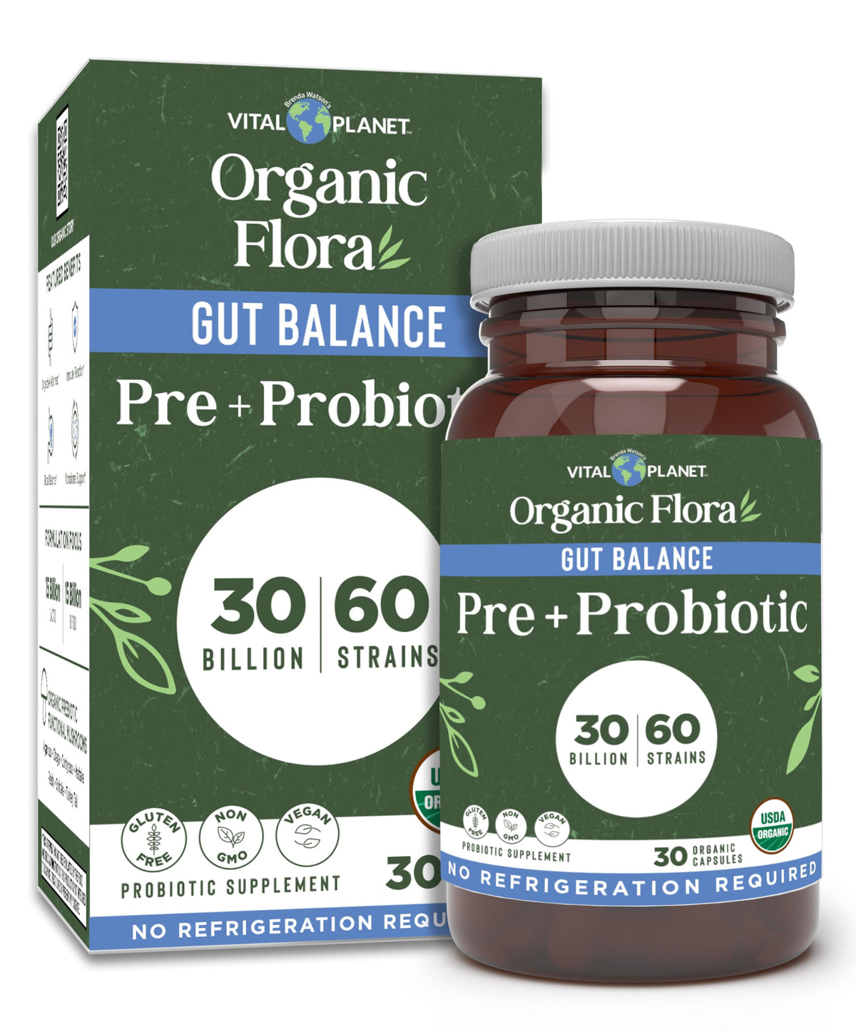 Vital Planet - Organic Flora Probiotics for Gut Health Balance, Shelf Stable Probiotic 30 Billion CFU, 60 Diverse Strains, Prebiotic Organic Mushroom Blend Vital Planet