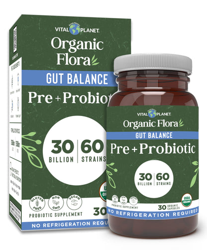 Vital Planet - Organic Flora Probiotics for Gut Health Balance, Shelf Stable Probiotic 30 Billion CFU, 60 Diverse Strains, Prebiotic Organic Mushroom Blend Vital Planet