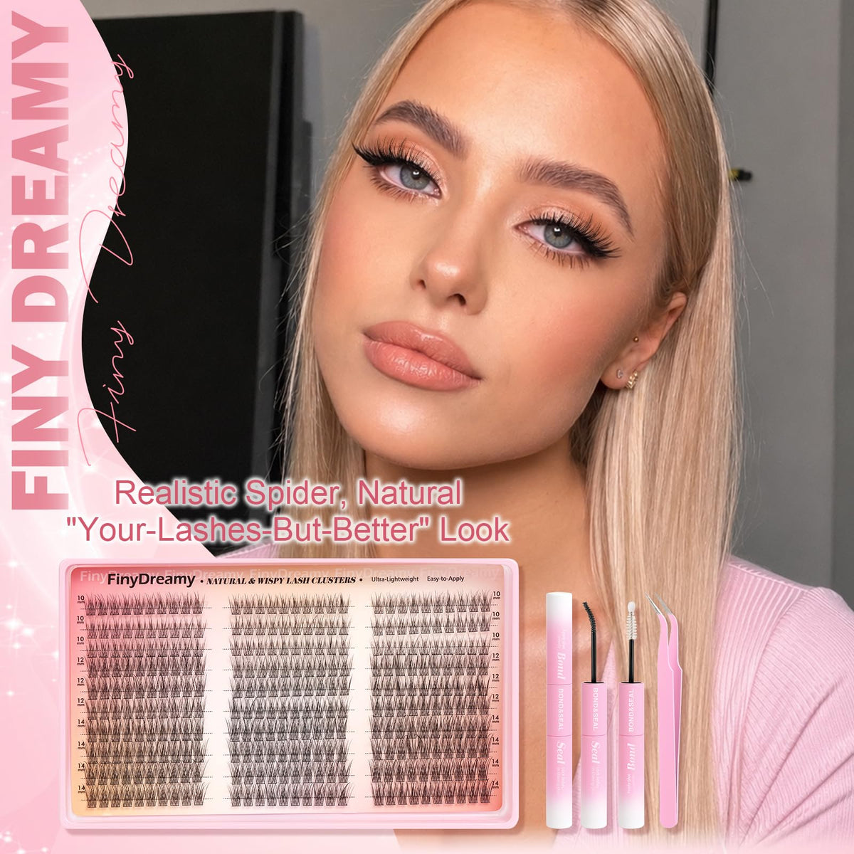 Natural Lash Clusters Kit 10-14MM Lashes Short Eyelash Clusters DIY Wispy Lash Extension Kit C Curl Individual Lashes Cluster Eyelash Extensions with Lash Glue Bond Seal Tweezers(300PCS) FinyDreamy