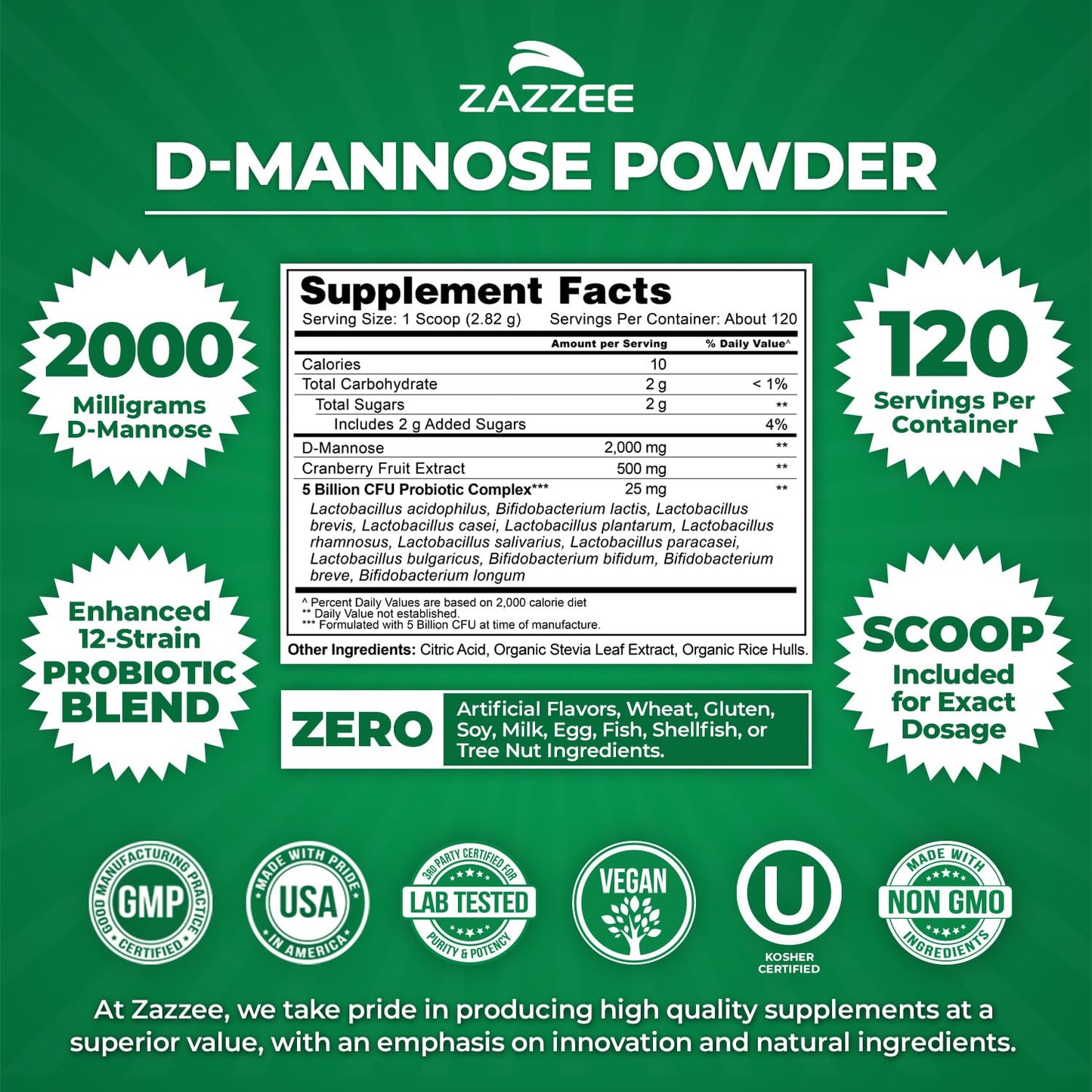 Zazzee D-Mannose Powder Plus, 2000 mg, 67 Servings, Free Scoop, Made in USA | Plus 5 Billion CFU Probiotics and Pure Cranberry Juice Extract, Kosher, 6.67 oz, Urinary Tract & Bladder Support, Non-GMO Gsupps Australia