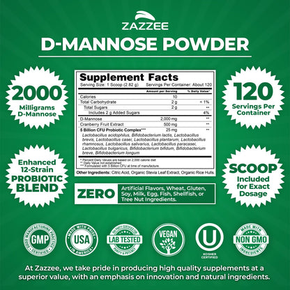Zazzee D-Mannose Powder Plus, 2000 mg, 67 Servings, Free Scoop, Made in USA | Plus 5 Billion CFU Probiotics and Pure Cranberry Juice Extract, Kosher, 6.67 oz, Urinary Tract & Bladder Support, Non-GMO Gsupps Australia