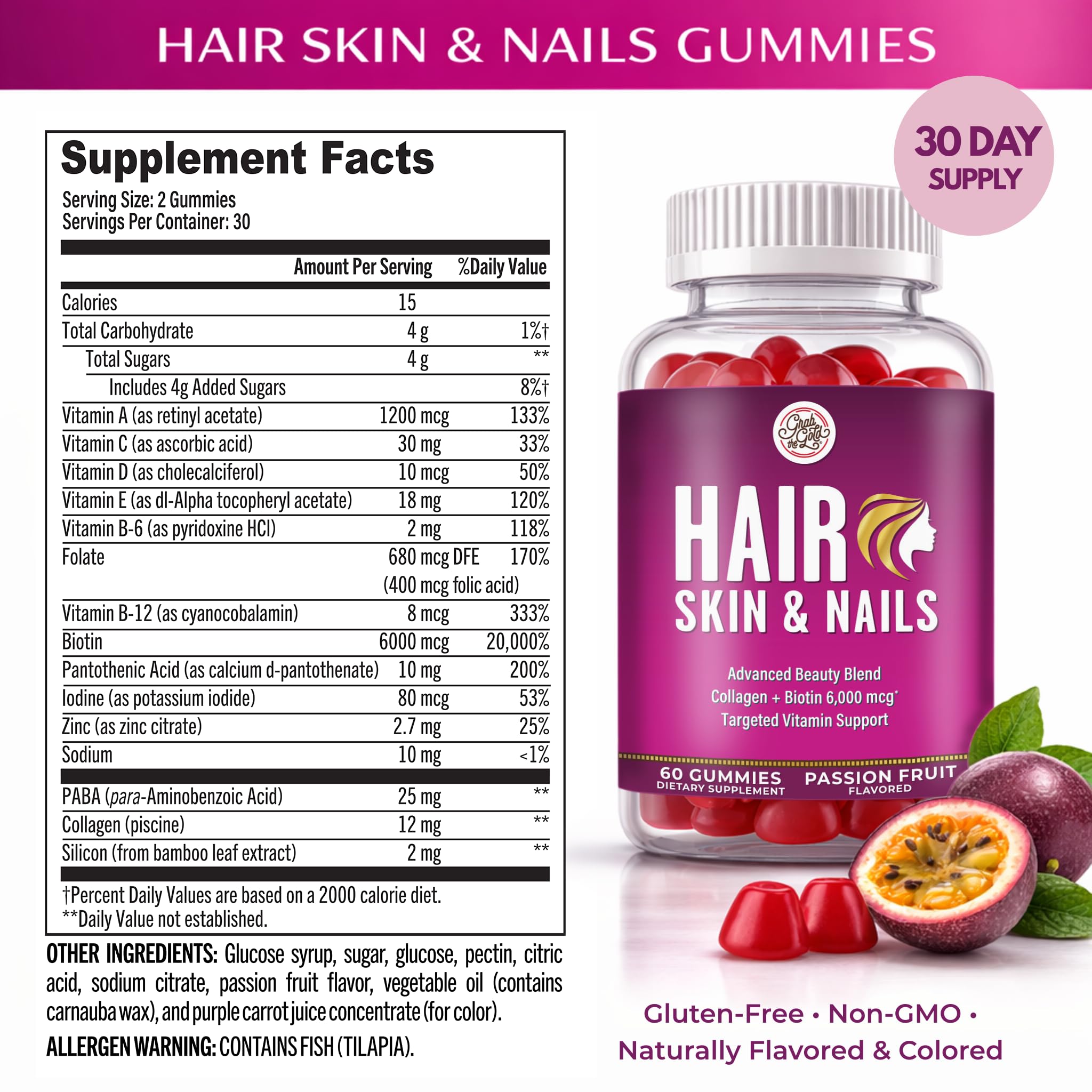 Grab The Gold Hair Skin & Nails Vitamins for Women | Gummies with 6000mcg Biotin & Collagen | 10 Essential Vitamin & Minerals | Gluten-Free, Non-GMO, Passion Fruit Flavor | 1 Month Supply, Made in USA Grab The Gold buy australia supplements
