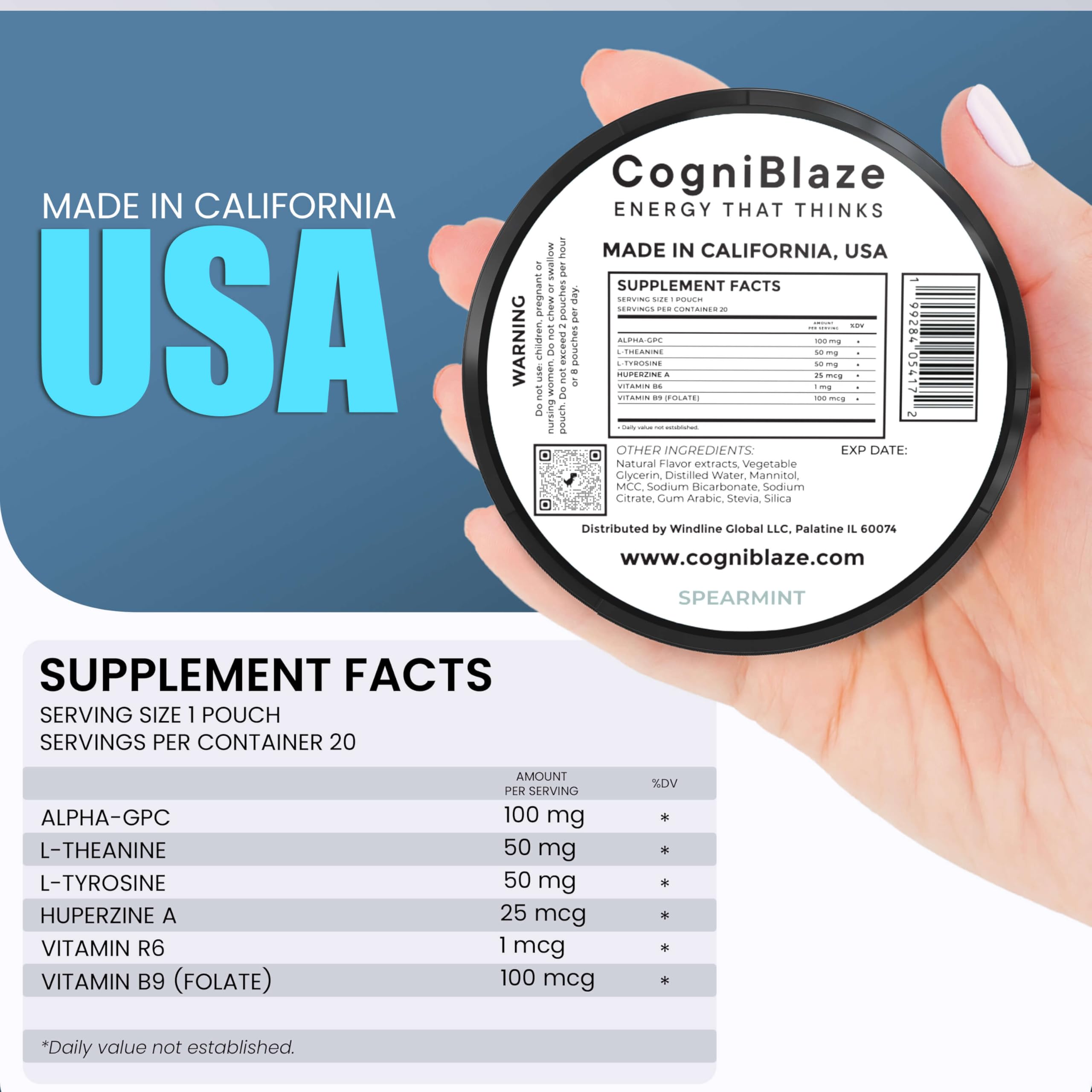 CogniBlaze Nootropic Pouches Caffeine Free (Spearmint) | 80 Focus Pouches for Clarity | 4 Pack (20 Per Can) | Mental Energy Pouches | 25mcg Huperzine A per Nootropic Pouch | Zero Calories CogniBlaze buy australia supplements