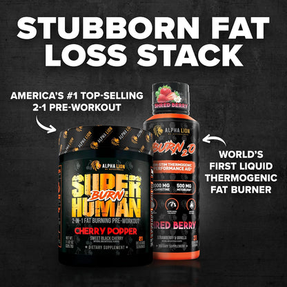 ALPHA LION Stubborn Fat Loss Stack – Superhuman Burn Pre Workout + Burn2O Liquid L-Carnitine 2000mg (Shredberry)– Thermogenic Fat Burner & Energy Supplement for Men and Women