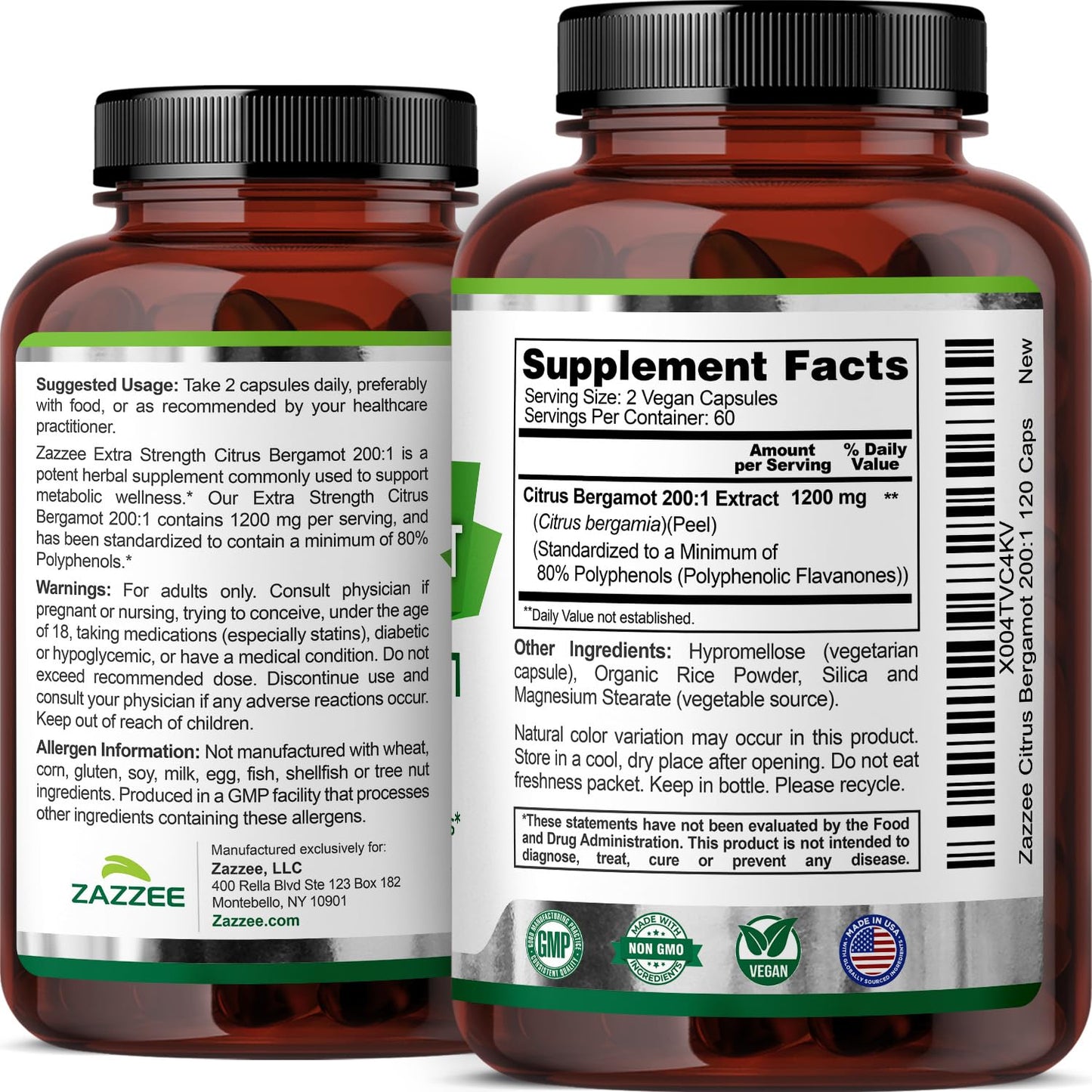 Zazzee Extra Strength Citrus Bergamot 200:1 Extract 1200 mg, 80% Polyphenols, 120 Vegan Capsules, Standardized 200X Potency Zazzee