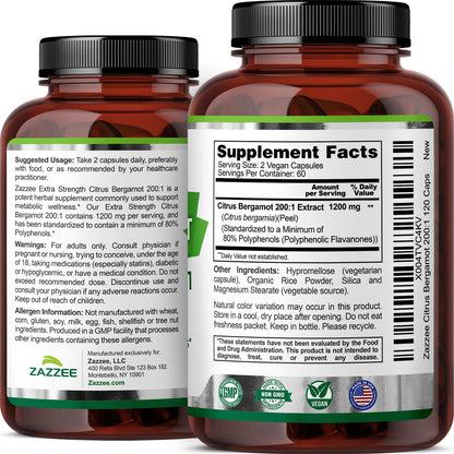 Zazzee Extra Strength Citrus Bergamot 200:1 Extract 1200 mg, 80% Polyphenols, 120 Vegan Capsules, Standardized 200X Potency Zazzee