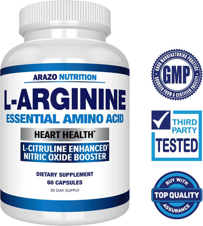Arazo Nutrition Premium L Arginine - 1340mg Nitric Oxide Booster with L-Citrulline & Essential Amino Acids for Muscle Gain and Energy - Powerful NO Booster to Train Longer & Harder – 60 Capsules Gsupps Australia