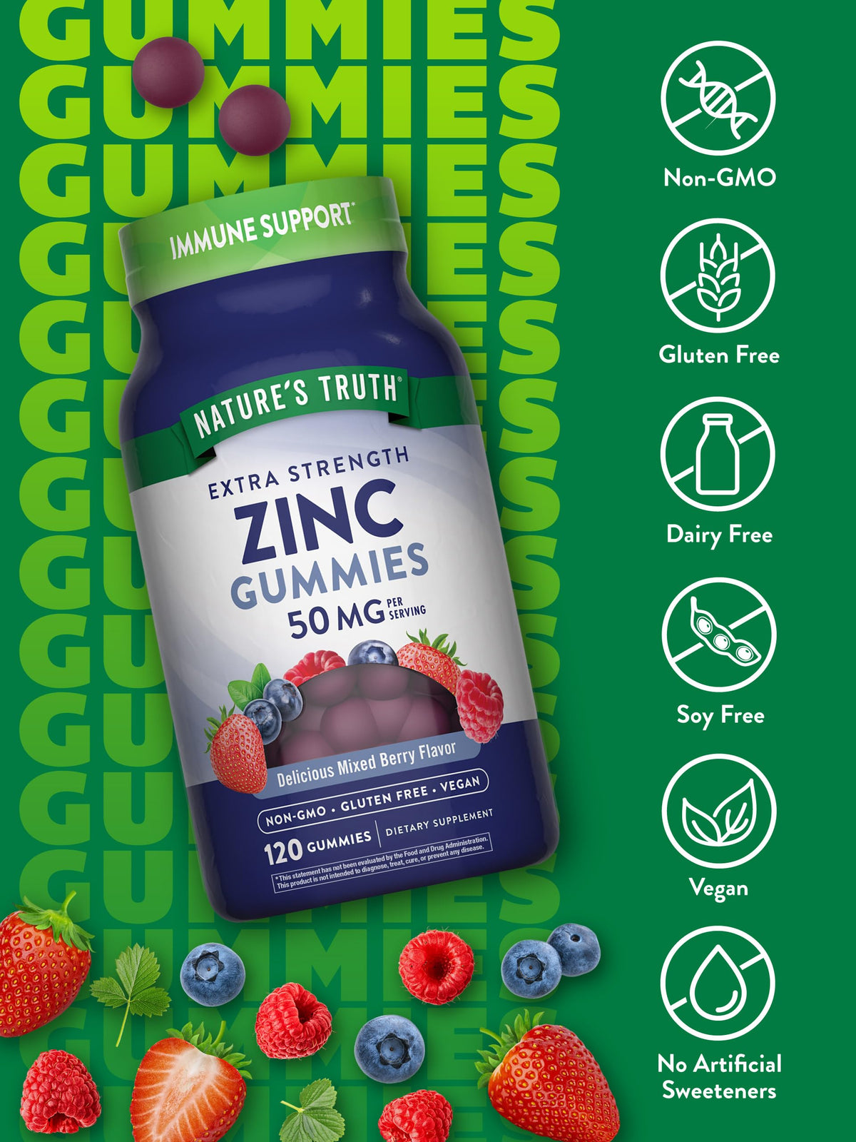 Nature's Truth Zinc Gummies for Adults | 50mg | 120 Count | Vegan, Non-GMO & Gluten Free Supplement | Mixed Berry Flavor Nature's Truth